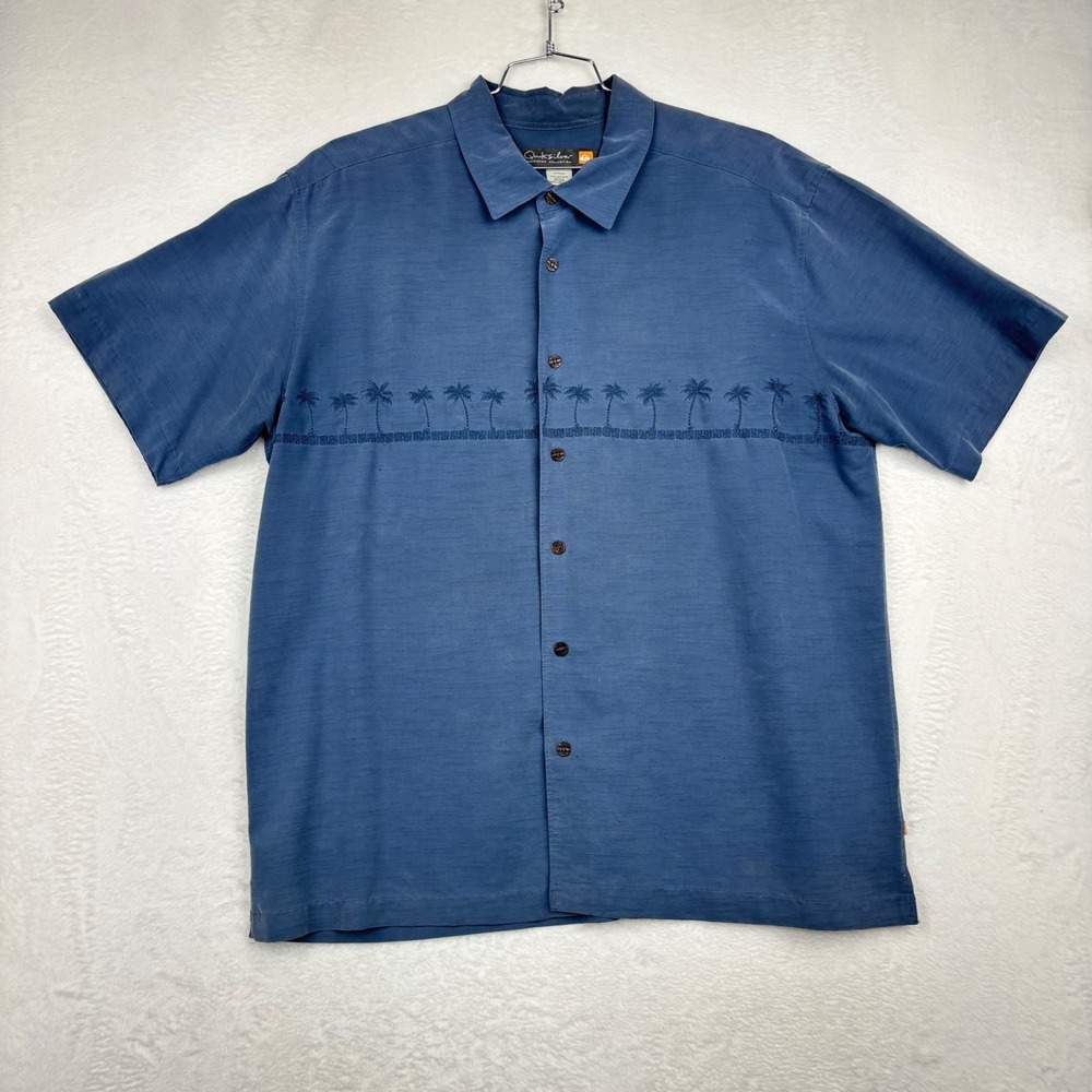 Quiksilver Waterman Collection Mens XL Blue Palm Tree Embroidered Button Shirt